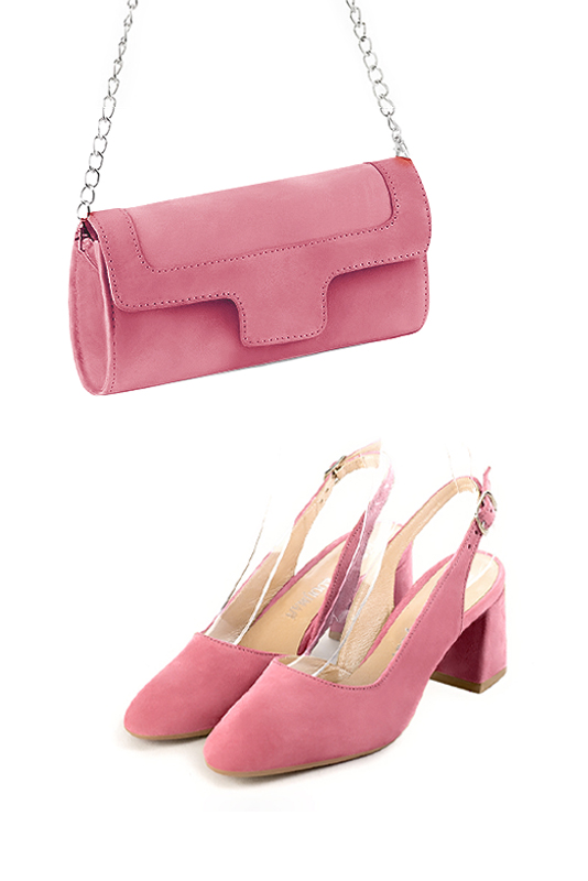 Dress clutch for wedding and parties in carnation pink leather - Worn view